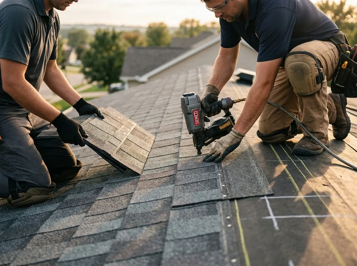 Professional roofer working on a residential roof in Carteret